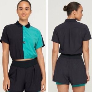 Bad Birdie Black and Teal Crop Polo Top